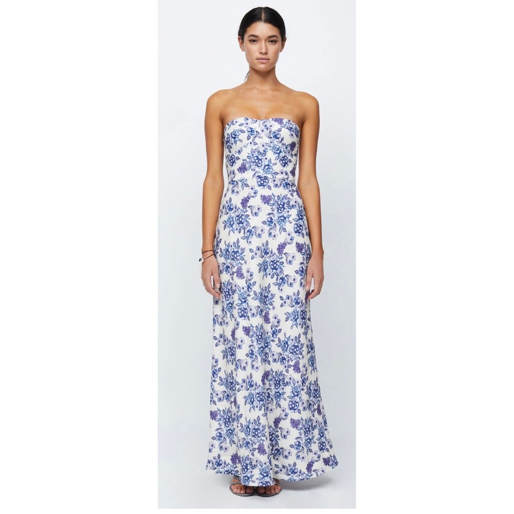 Bec + Bridge Audette Strapless Floral Linen Maxi Dress AU 8 US 4 Blue Wedding